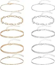 [YUXIANLB] 10 Pcs Gold Ankle Bracelet for Women Sliver Dainty Stackable Paperclip Chain Bracelets Trendy Layered Anklet Chain Sets for Ladies Summer Beach Adjustable Jewelry Gifts for Mom Friend Wife