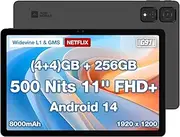 PAD T2 11 inch Android 14 Tablet, 500 Nits 1920 * 1200 FHD+ IPS Display, MTK G91, Widevine L1 & GMS Certified, (4+4) GB + 256GB, Stereo Speakers, 8000 mAh, GPS, OTG, BT5.0, 2.4G/5.0Ghz WiFi