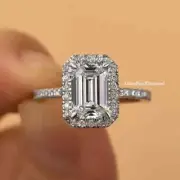 3 CT Emerald Cut Moissanite Halo Engagement Ring For Women Solid 14K White Gold