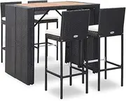 vidaXL 5-Piece Outdoor Bar Set – Poly Rattan and Acacia Wood in Black – Includes Table, Four Chairs and Comfortable Cushions – Easy Assembly and Lightweight – Ideal for Garden, Patio, Deck