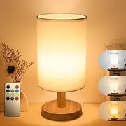 Necomi Bedside Table Lamp, LED Bedrooms Lamps with Remote Control, Dimmable & 3 Color Temperature, USB Power Minimalist Solid Wood Round Base with Fabric Shade for Living Room, Kids Room, Office