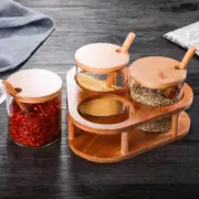 1 Set Glass Seasoning Jars Set Container Condiment Pot with Bamboo Spoon and Lid