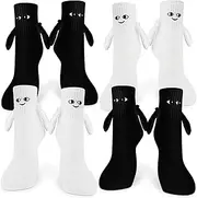 [STBNVF] 4 Pairs Magnetic Socks, Couple Gifts, Novelty Socks, Novelty Gifts, Gifts For Couples, Holding Hands Socks, Novelty Cute Mid Tube Sports Socks With Smiley Face, For Women Men Black, White