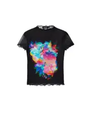 Desigual Floral Mesh Top Short Sleeve Style Women Black Shirts