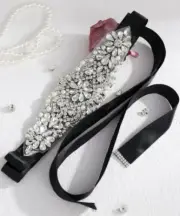 Rhinestone Crystal Wedding Bridal Dress Bride Gown Sash Belt Black Satin Ribbon