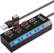 Powered USB Hub - High Speed Multi-Port Splitter | Anti-Slip Portable USB Adapter with Individual Button for Travel Home Game Setup Co-Working Space Photography Remote Work