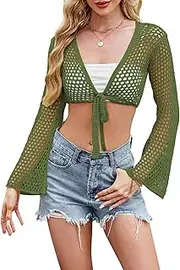 [SYNEELIFE] Women Bell Long Sleeve Crochet Top Tie Front Cropped Cardigan Hollow Out Knit Bolero Shrug
