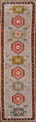 Hand-Knotted Gray Geometric Wool Kazak Style Runner Rug 2x10 Ft Traditional Rug