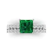 2.66ct Princess Cut Pave Emerald Ring Band bridal Set 14k White solid Gold