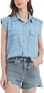[Flygo] Women’s Sleeveless Button Down Denim Shirt Collared Chambray Loose Jean Tank Tops with Pockets