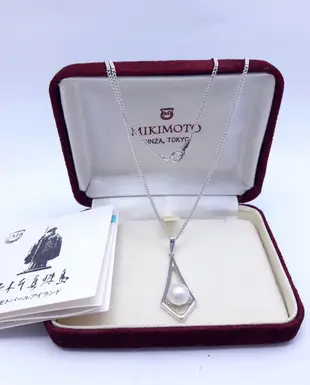 MIKIMO御木本(silver銀質)菱形框鑲珍珠短項鍊,頸鍊 配件：原廠飾品盒及單