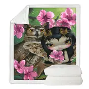 Owl Fairy Owlyn in the Springtime Cherry Blossom Throw Blanket