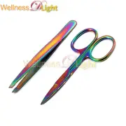 2 Pcs Professional Multi Color Eyebrow Hair Facial Scissors & Slant Tip Tweezers