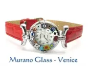 MURANO GLASS WATCH authentic CERTIFICATE Quartz SEIKO leather CHROME, red