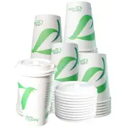 16oz Disposable Biodegradable White Paper Coffee Cups with White Dome Lids 200pc