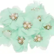 2.36 Inch Rhinestone Chiffon Flower, 10 Pcs Fabric Appliques, Light Green