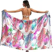 [RPLIFE] Watercolor Colorful Feathers White Bathing Suit Wraps Sarongs, Fringe Sarong for Summer Pool/Beach, Large, Watercolor Colorful Feathers White, Medium