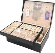 VNIMTI Jewellery Box, 2-Layer Large Jewelry Organiser, Travel Jewellery Case, PU Leather Storage Organizer for Earrings Necklace Rings Bracelets, Jewellery Gift Box for Women (Jewelry Box - Black)