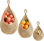 Crandek Boho Jute Hanging Basket - Wicker Hanging Fruit Basket for Fresh Produce Storage, Vegetable Keeper for Potato, Onion Garlic, Plant Holder - Handmade Kitchen Pantry Organizer (3 Size Pack)
