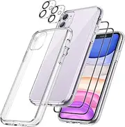 JETech 5 in 1 Case for iPhone 11 6.1-Inch, with 2-Pack Screen Protector and 2-Pack Camera Lens Protector, Non-Yellowing Shockproof Bumper Phone Cover, Full Coverage Tempered Glass Film (Clear)