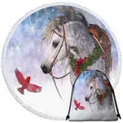 Snowy Christmas with Red Bird and White Horse Round Beach Towel