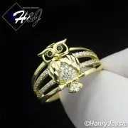 WOMEN SOLID 925 STERLING SILVER ICY BLING CZ GOLD PLATED 3D OWL BIRD RING*GR221