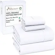 RUVANTI 100% Organic Cotton Sheets Queen Size Set, 4 Pieces, Soft & Breathable Percale Weave Bedding, Deep Pocket 16" Hotel Standard, Crisp Cool Feeling, Durable, Dyed Sheet, Bright White