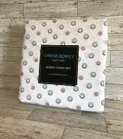 New Cynthia Rowley Cute Smiley Faces Pink, Black & White 4 Pc Queen Sheet Set