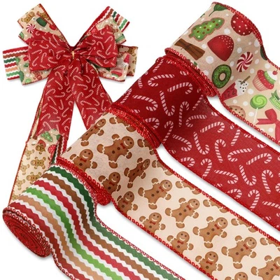 Christmas Wired Edge Ribbons 4 Rolls Gingerbread Man Candy Cane for Wreaths