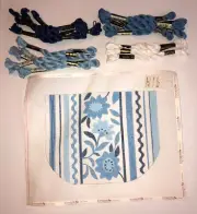 Needlepoint Hand Painted Canvas BLUE & WHITE PURSE FLAP & Floss Thread