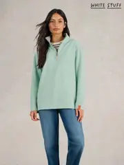 White Stuff Blue 100% Cotton Pique Plain Half Zip Sweater (F67108) | $127