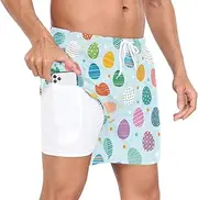 [GuoChe] Mens Short Swim Trunks Men Double Layer Running Shorts Happy Easter Eggs Colorful Holidays Blue with Liner Gym Shorts