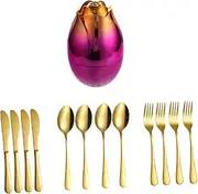 STARTIST 12Pcs Silverware Set Cutlery with Egg Shaped Organizer Butter Utensils Set Flatware Set Forks and Spoons for Wedding Events, Pink Gold Holder