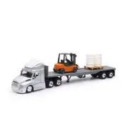 NewRay Licensed 1:43 Scale Freightliner Cascadia Flatbed With Forklift & Barrels Diecast Model Truck