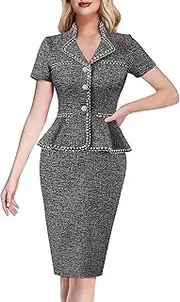 [VFSHOW] Womens V Neck Buttons Peplum Business Work Office Lapel Collared Vintage Cocktail Church Pencil Sheath Dress