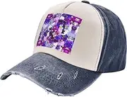 [YANYU] Purple Flower Print Fashion Washed Distressed Baseball Cap Vintage Adjustable Hat with Classic Brim, Navy Blue, One Size