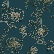 Tempaper Peacock Blue & Metallic Gold Peonies Removable Peel and Stick Floral Wallpaper, 20.5 in X 16.5 ft, Made in The USA