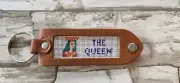 Needlepoint Keyring Hand Painted Canvas The Queen 18 Count Brown Leather