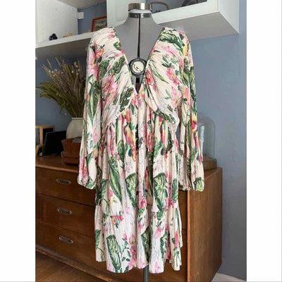 H&M Plisse Pleats Dress V Neck Pink Floral XXL Garden fairycore Swing romantic