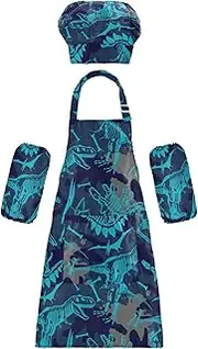 AIXIWAWA Kids Apron Chef Hat Set, Child Kitchen Bib Aprons Adjustable for Cooking Baking Painting (Silhouette Dino)