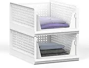 2 Pack Stackable Plastic Storage Basket, Foldable Closet Organizers, Foldable Clothes Storage Drawer, Open Front Clothes Shelf, Storage Containers for Living Rooms, Bedrooms, Bathrooms, Offices