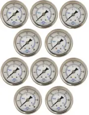10 PACK LIQUID FILLED PRESSURE GAUGE 0-30 PSI, 2" FACE, 1/4" BACK MOUNT