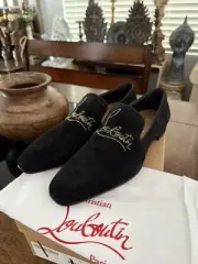 Christian Louboutin Dandelion Strass Logo Black Suede Loafer Signature Size 43.5
