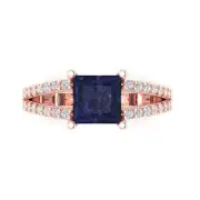2.42ct Princess split shank Blue Sapphire Promise Engagement Ring 14k Rose Gold