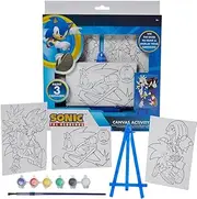 Innovative Designs Sonic The Hedgehog Canvas Paint Set for Kids with 3 Canvases, Acrylic Paint, Paintbrush, & Easel, 716882SNC
