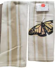 Set of 2 Same Kitchen Towels (15"x25") BUTTERFLY ON TAN & OFF WHITE STRIPES, AM