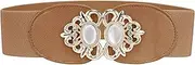 [Allegra K] Lady 2.36" Width Elastic Belts, Faux Leather Opal Beaded Rhinestone Inlaid Stretchy Cinch Waistband for Dress Camel 66 cm/26"