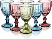 [Youeon] Set of 6 Colored Wine Goblets, 10 Oz Wine Glasses Set with Embossed Pattern, Colored Wine Glasses Vintage Glassware for Party, Wedding, Bar, Wine, Juice, Beverage, 3 Colors