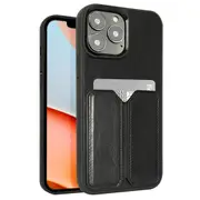 ZUSLAB Fashion Back Case for iPhone 13 6.1" Leather Credit Card Slot Holder Rubber Bumper Protective Cover for Apple - Elastic Band Black