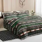 Striped King Size Comforter Set 3 Pcs, Bohemian Green Black Brown Geometry